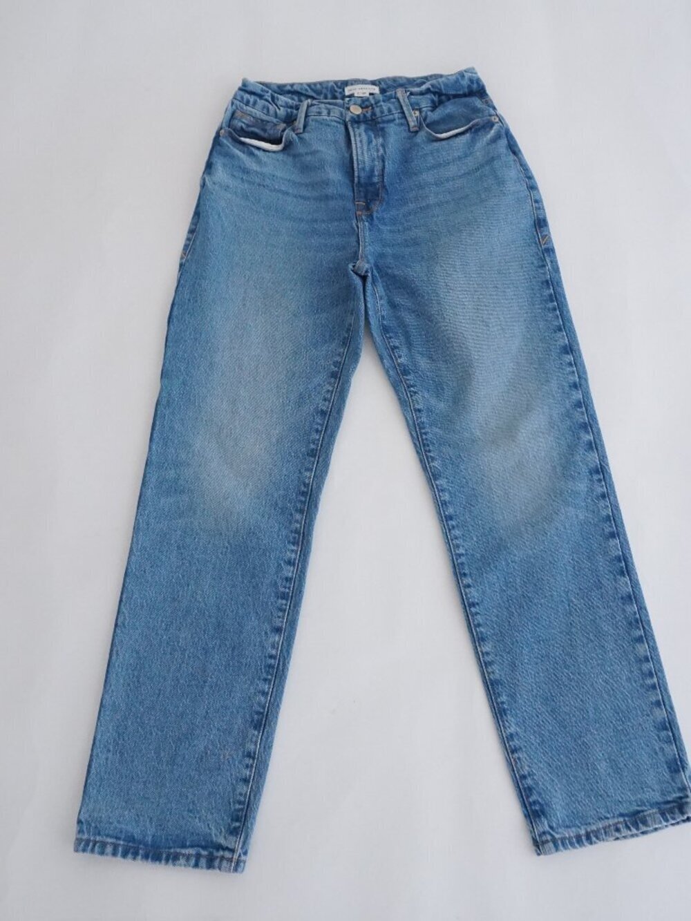 Good American Medium Wash Blue Straight Leg Jeans High Rise Zip Fly 25